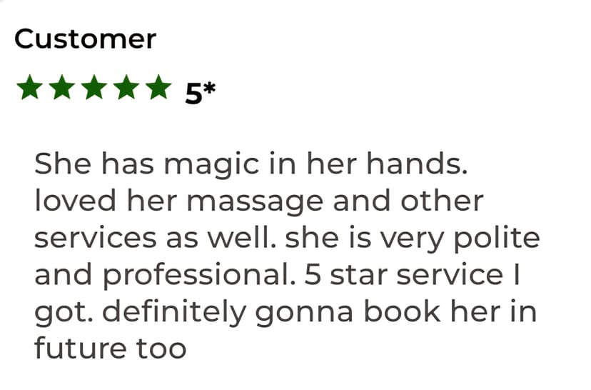 5-star customer review about magic hands, massage and professional service with future booking plans